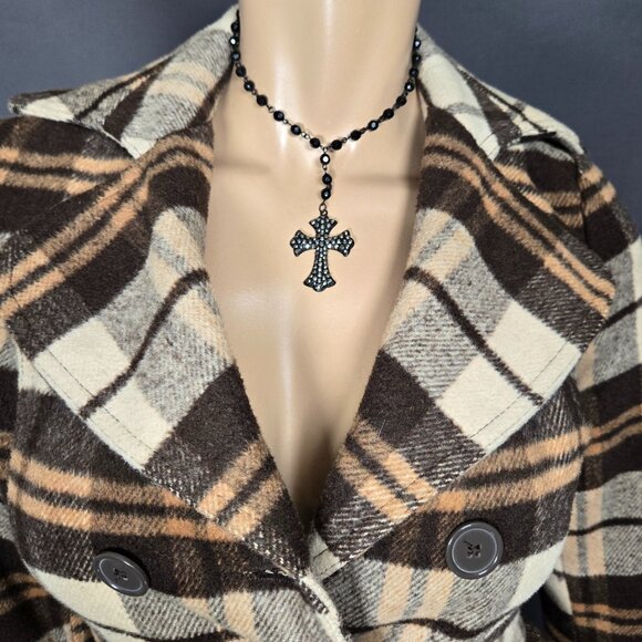 Y2K Fitted Plaid Pea Coat Jacket Size XS Brown Beige Wool Blend Fall Winter - Picture 3 of 14